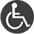 An accessibility icon on a dark background. The icon depicts a stylized, simplified figure sitting in a wheelchair, facing to the right, with a circular wheel and an angled seat.