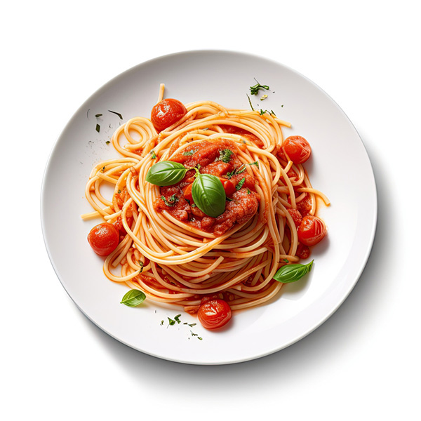 A plate of spaghetti with tomato sauce, garnished with fresh basil leaves and cherry tomatoes, arranged on a white plate. The spaghetti is neatly twirled and sprinkled with herbs, creating an appetizing presentation.