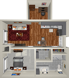 A 3D floor plan of an apartment featuring a living room with seating and a red rug, a kitchen with dining table and chairs, a bedroom with a bed and wardrobe, a bathroom with a toilet and shower, and an office with a desk and chair.
