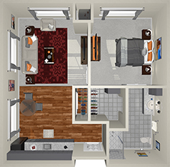 A top-down view of a 1-bedroom apartment floor plan. The layout includes a bedroom, living room, kitchen, dining area, bathroom, and a walk-in closet. The bedroom and living room are carpeted, while the kitchen and dining area have hardwood flooring.