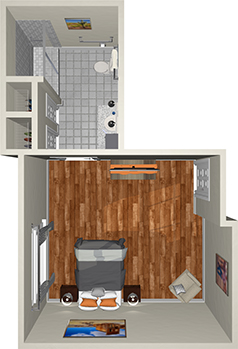 A 3D floor plan of a compact apartment showing a bedroom and bathroom. The bedroom has hardwood flooring, a bed, a chair, and wall art. The bathroom features tiled flooring, a shower, toilet, and sink. Both rooms have white walls and simple furnishings.