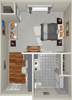 A 3D floor plan of a small apartment featuring a bedroom with a double bed, bedside tables, and a window. The living area has a couch and a couple of framed pictures on the walls. A small kitchen and bathroom are adjacent, with wooden and tiled flooring, respectively.