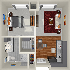 A 3D floor plan of a small apartment featuring one bedroom, a living room, a kitchen, and a bathroom. The bedroom has a bed and two nightstands. The living room has a red rug, sofa, coffee table, and a TV. The kitchen has a dining table, and the bathroom includes a sink, toilet, and shower.