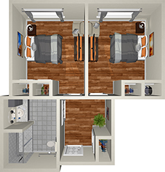 A 3D rendering of a small apartment layout featuring two bedrooms, each with a bed, nightstands, and desks. The apartment also includes a bathroom with a shower and toilet, and a shared closet space. The flooring is wooden, and the bathroom has tiled flooring.