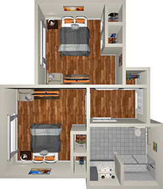 A 3D rendering of a two-bedroom apartment layout. The apartment includes two bedrooms with beds and decor, a living area, an open kitchen with appliances, and a bathroom with a bathtub and shower. The flooring is wooden except for the tiled bathroom.
