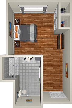 A 3D floor plan of a studio apartment with wooden flooring. It features a bed with two bedside tables, a window, a small closet, a dresser with a TV, and a bathroom with a tiled floor, sink, shower, and toilet. The entry door is located near a coat rack.