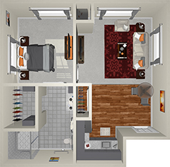 A top-down view of a small apartment layout. It features a bedroom with a bed, a living room with a couch and TV, a separate bathroom with a shower, and a kitchen with an adjacent dining area. The floor transitions from carpet in the living areas to tile in the bathroom and wood in the kitchen.