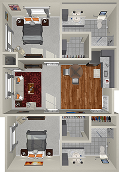 A 3D floor plan of a two-bedroom apartment. The layout includes two bedrooms (one with gray bedding and one with orange accents), two bathrooms, a living room with a red rug, and a kitchen with brown wood flooring. Two closets are also visible.