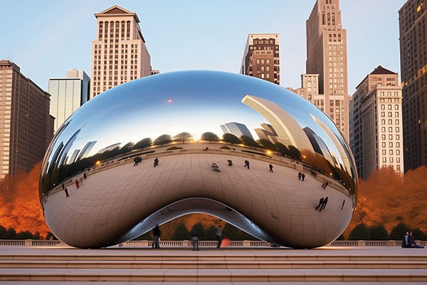 A large, reflective silver bean-shaped sculpture, known as "The Bean," sits in an open plaza in Millennium Park, Chicago. The sculpture reflects the surrounding skyscrapers and people walking nearby on a clear day. The background shows trees with autumn foliage.