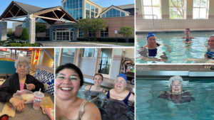 A collage showing an exterior of a recreational center, a woman eating at a fast-food restaurant, and several images of people enjoying water aerobics in a pool. Smiling faces suggest enjoyment and community engagement.