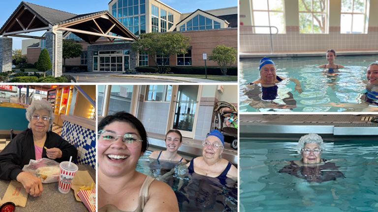 A collage showing an exterior of a recreational center, a woman eating at a fast-food restaurant, and several images of people enjoying water aerobics in a pool. Smiling faces suggest enjoyment and community engagement.